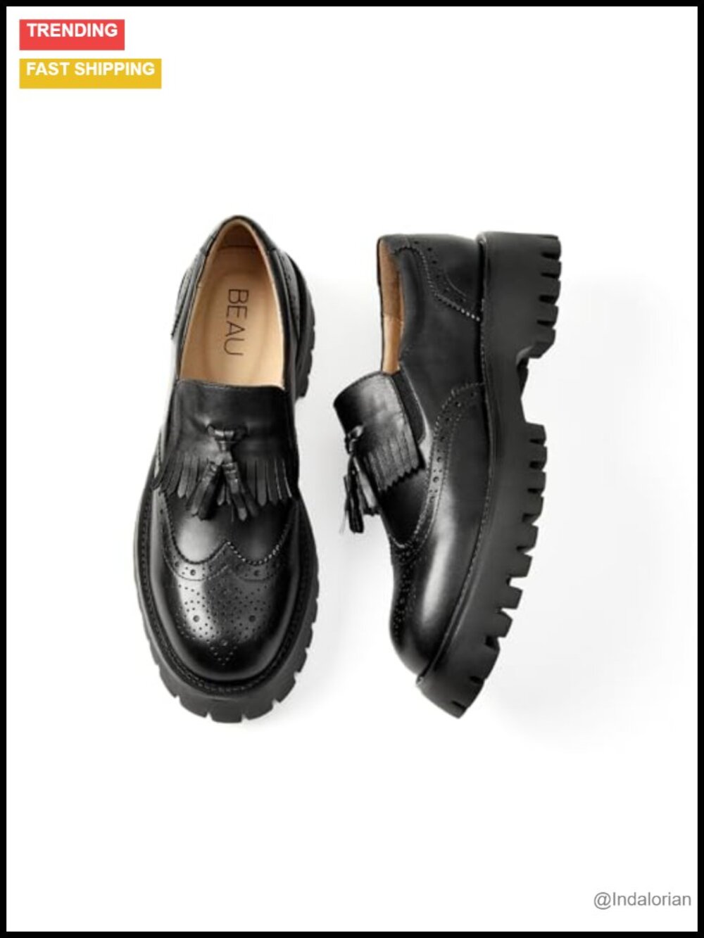 Genuine Leather Platform Loafers Chunky Block Heel Slip On Tassel Brogue